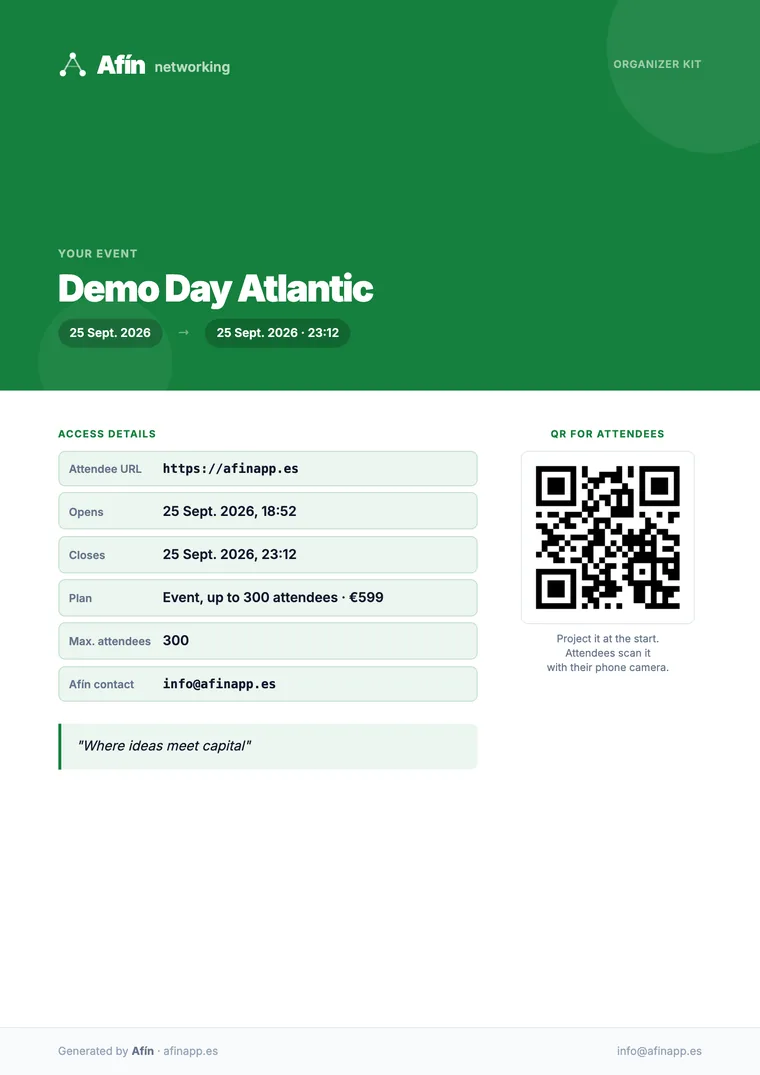 Cover of the organizer kit for a demo event, with the QR code for attendees