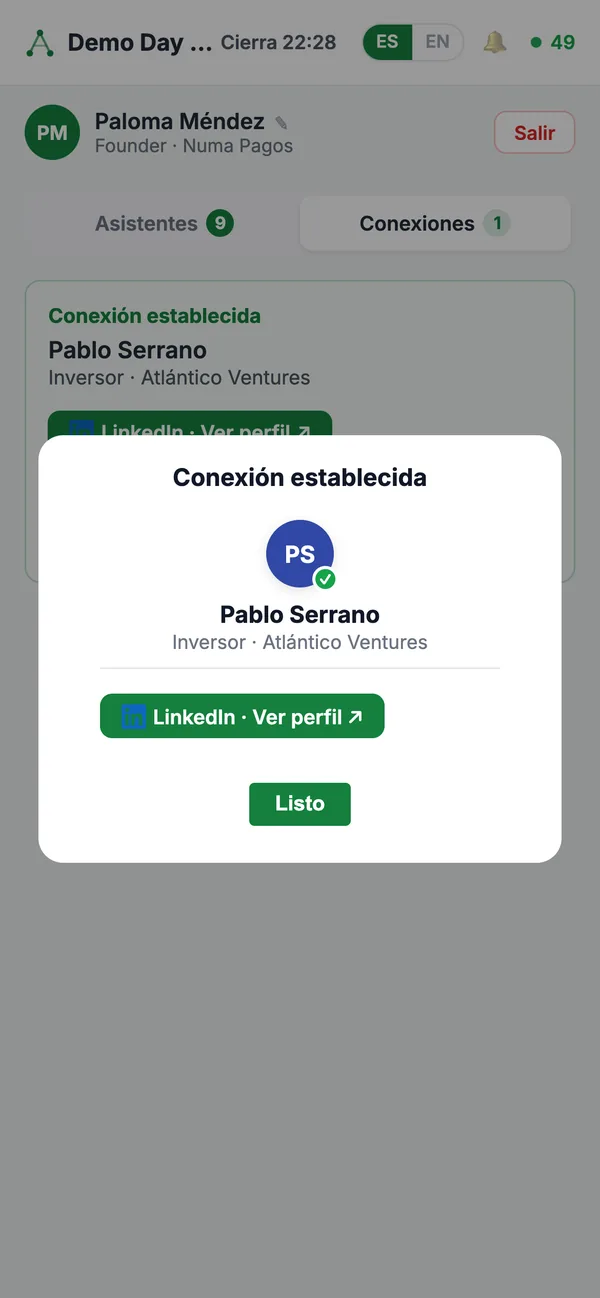 Móvil mostrando «Conexión establecida» con el perfil de LinkedIn de la otra persona